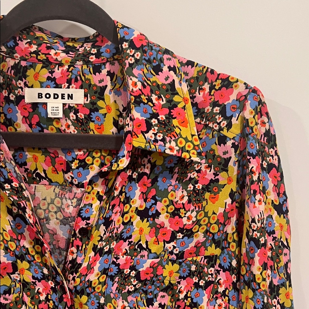 Boden Black Floral Button-Up Shirt with Yellow, Pink & Blue Blooms size 10